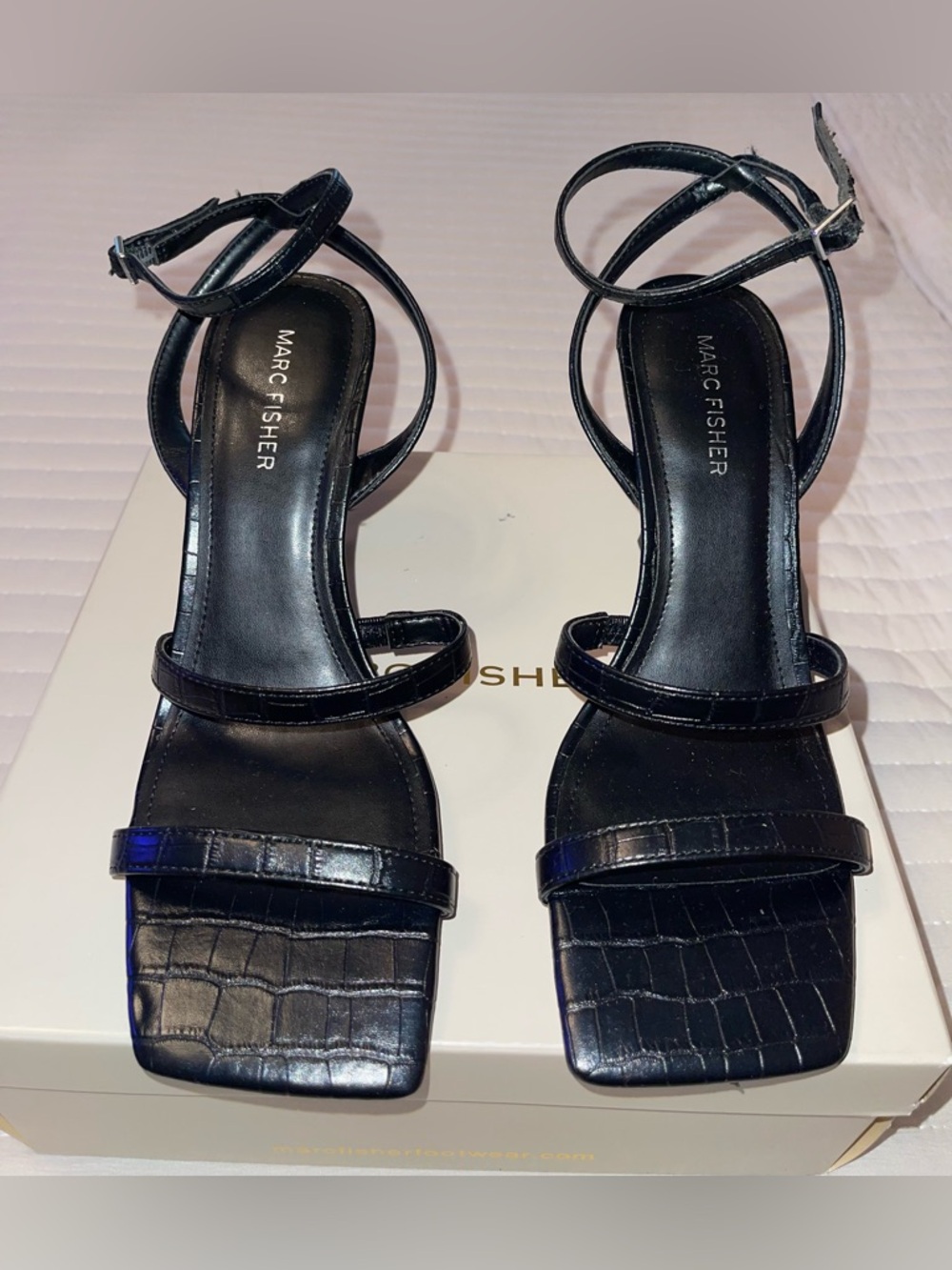 Marc Fisher Black Croc-Embossed Strappy Heels